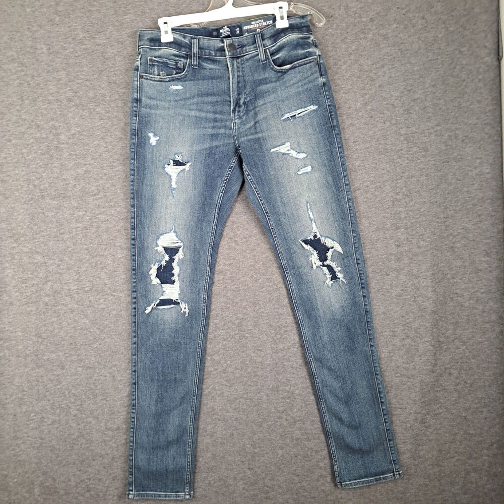 New Men's Hollister 30x35* Advanced Stretch Stacked Skinny Denim Blue Jeans